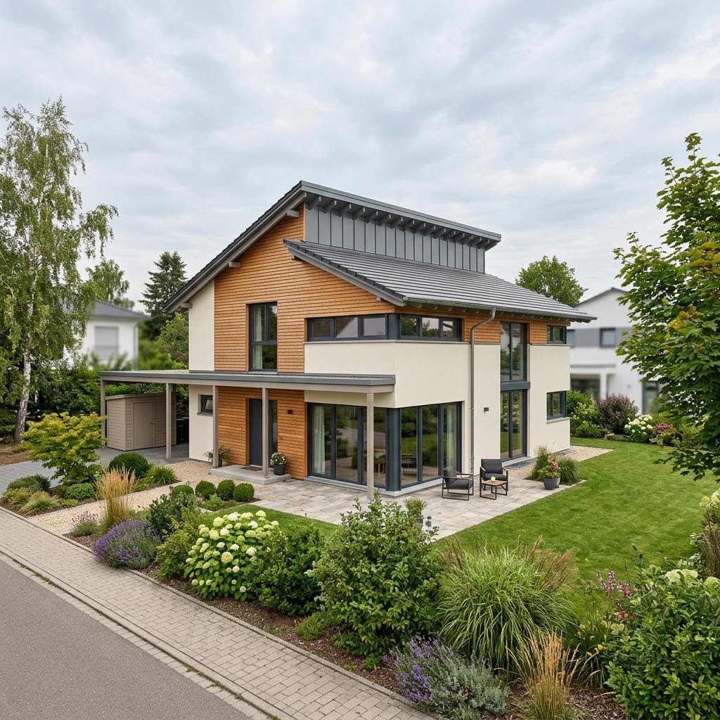 Pultdachhaus PultVision 154 von OKAL Haus mit versetztem Dach und Solarfläche