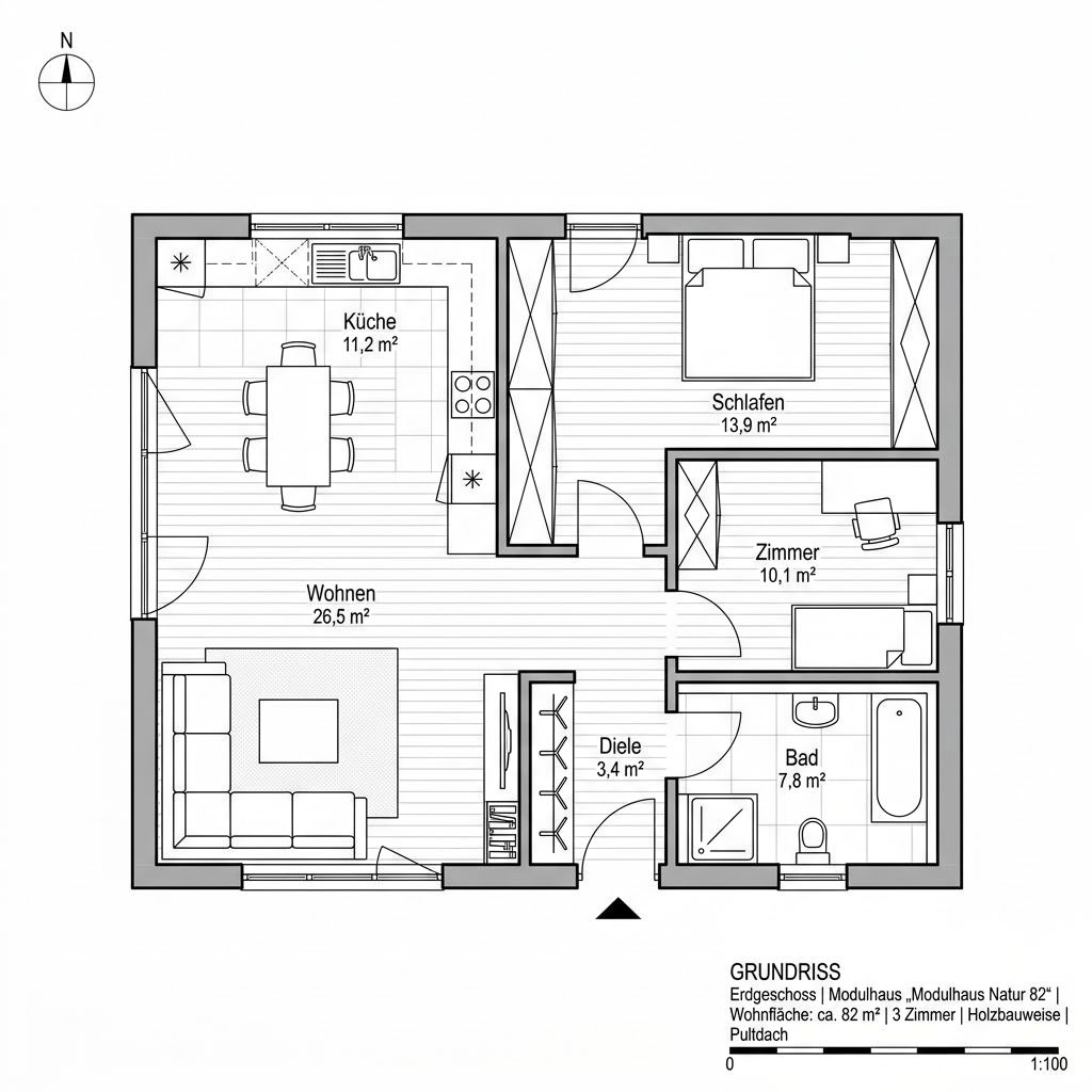 Modulhaus Natur 82 von Regnauer — barrierearmes Holzmodulhaus mit Pultdach und 82 m²