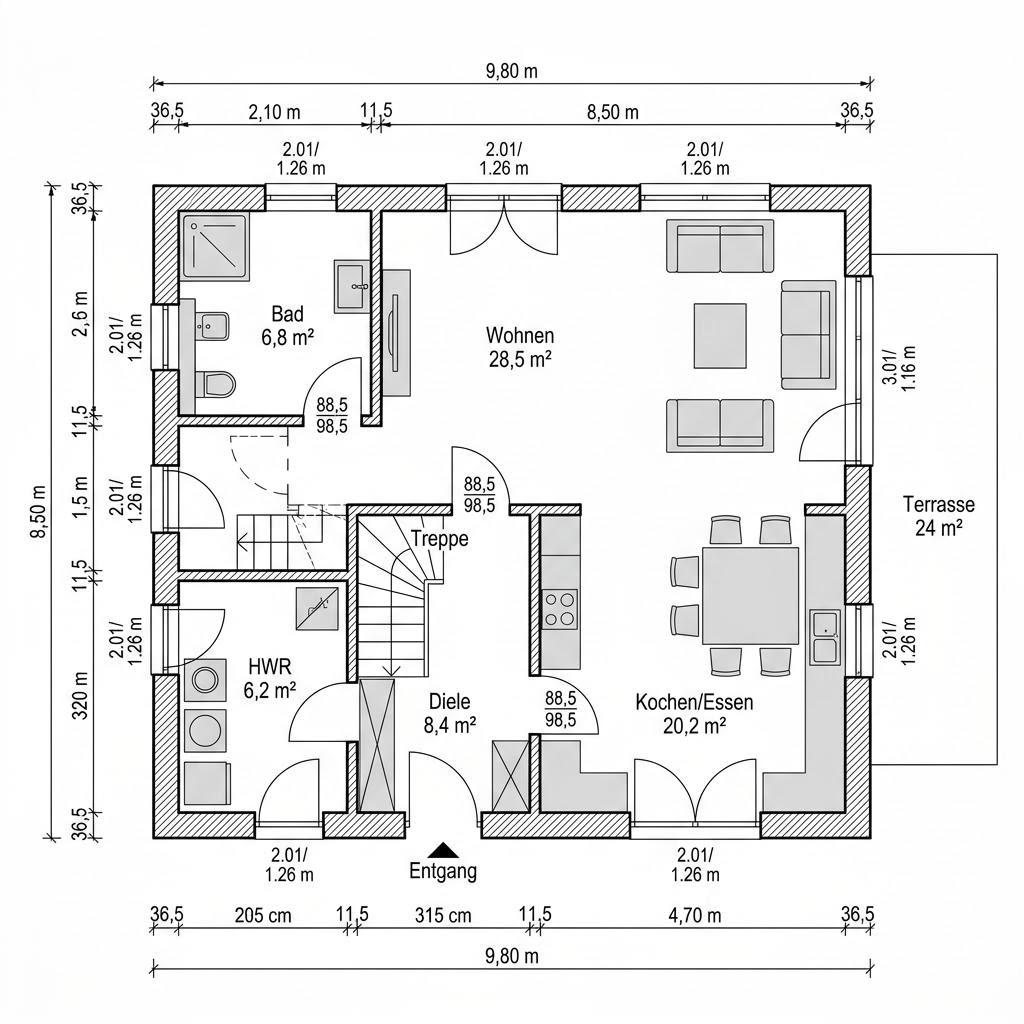 Grundriss Familienhaus Sattel 145 – 145 m² Einfamilienhaus mit 5 Zimmern