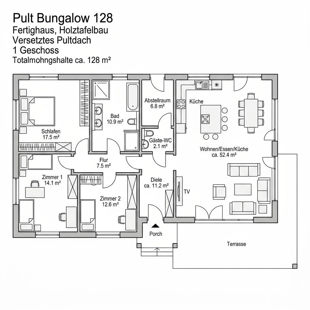 Grundriss Pult Bungalow 128 von RENSCH-HAUS
