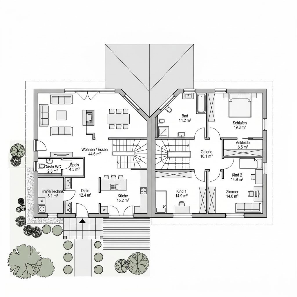 Stadtvilla Residenz Belveder 182 von RENSCH-HAUS mit Zeltdach und offener Galerie