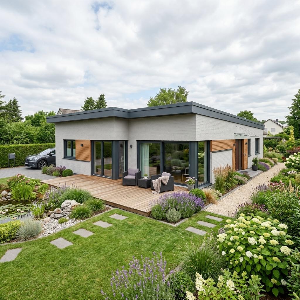 Bungalow Gartenblick 138 von Rötzer Ziegel-Element-Haus mit Flachdach — moderner Massiv-Bungalow mit 138 m²