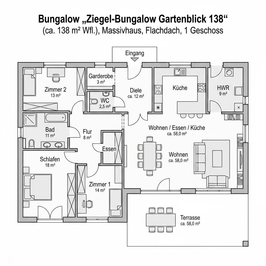 Grundriss Ziegel-Bungalow Gartenblick 138 Grundriss Ziegel-Bungalow Gartenblick 138 von Rötzer Ziegel-Element-Haus