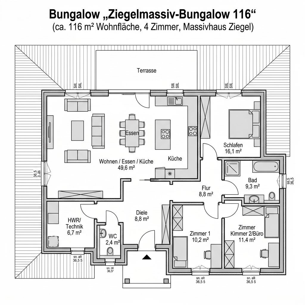 Grundriss Ziegelmassiv-Bungalow 116 Grundriss Ziegelmassiv-Bungalow 116 von Rötzer Ziegel-Element-Haus