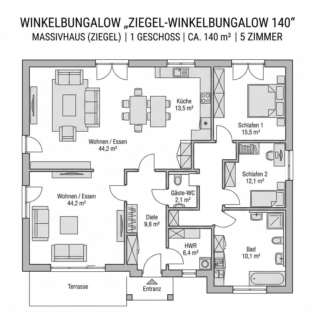 Grundriss Ziegel-Winkelbungalow 140 Grundriss Ziegel-Winkelbungalow 140 von Rötzer Ziegel-Element-Haus