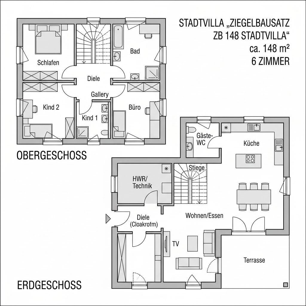 Bausatzhaus Ziegelbausatz ZB 148 Stadtvilla von Rötzer Ziegel-Element-Haus mit Walmdach — Massivhaus mit 148 m²