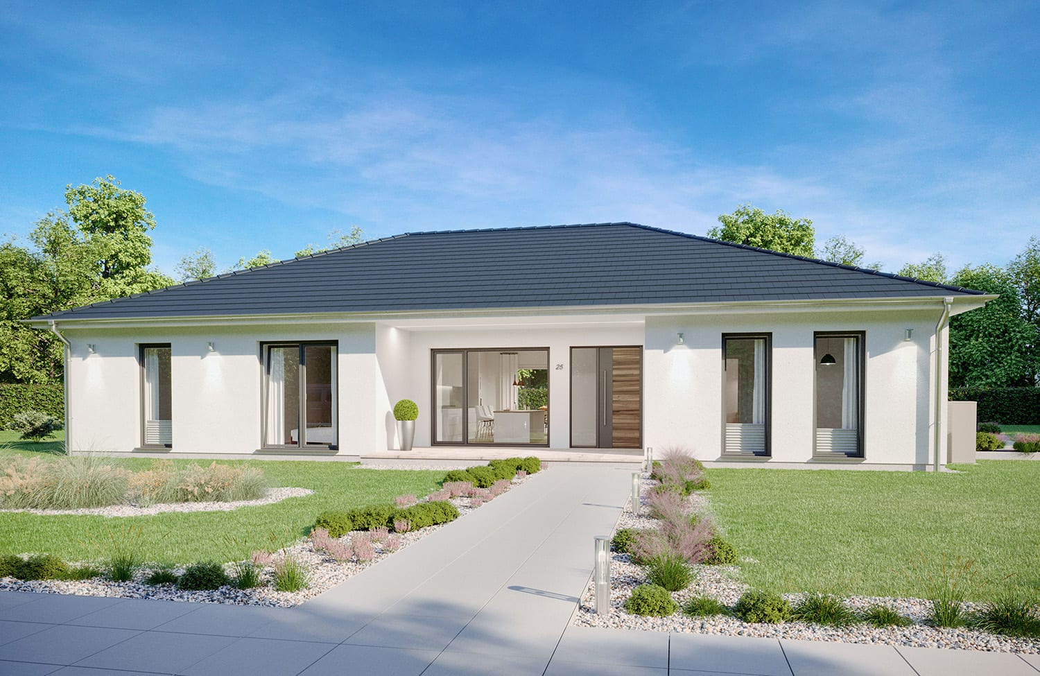 Bungalow SH 192 B von ScanHaus Marlow Bungalow SH 192 B von ScanHaus Marlow — Außenansicht mit Walmdach (Herstellervisualisierung)