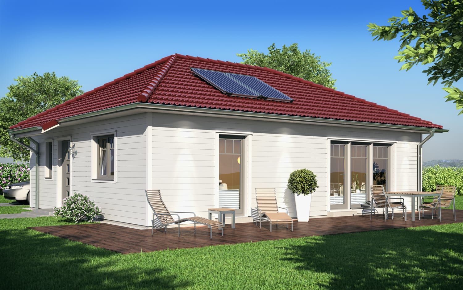 Bungalow SH 83 B von ScanHaus Marlow — Außenansicht mit Holzfassade (Herstellervisualisierung)