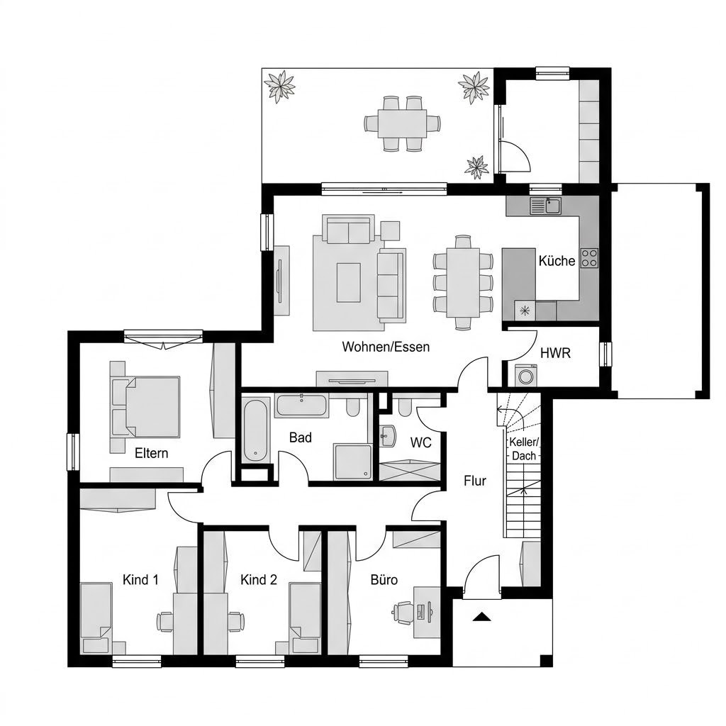 Grundriss Winkelbungalow WB 155 von ScanHaus Marlow