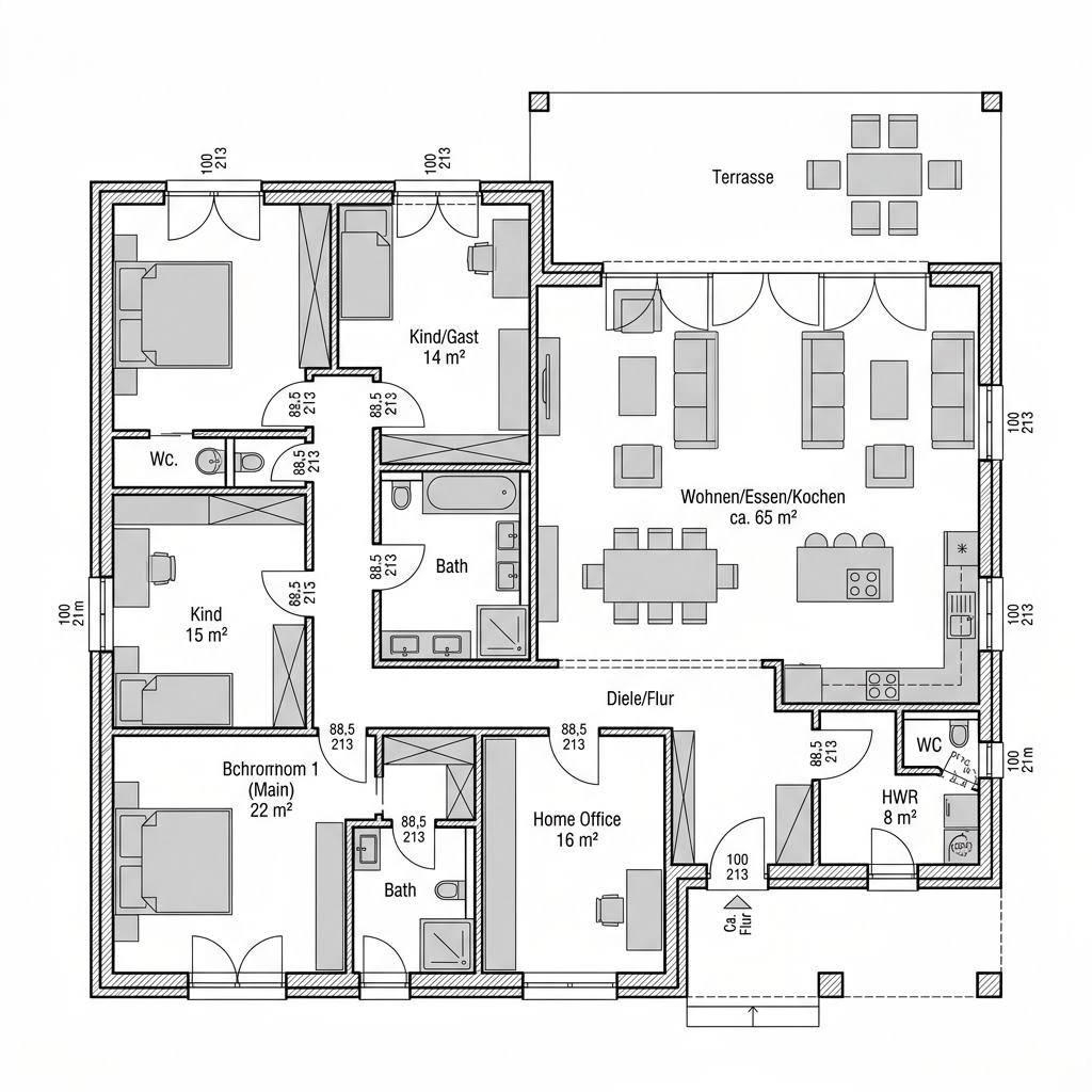 Grundriss Winkelbungalow WB 170 von ScanHaus Marlow