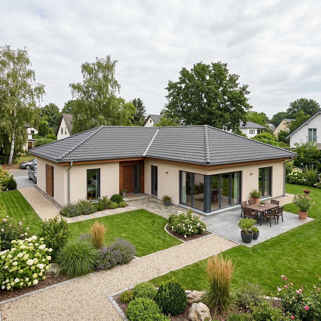 Winkelbungalow Winkelstern 138 von ScanHaus Marlow mit Walmdach — Holzfertigbau-Winkelbungalow mit 138 m²