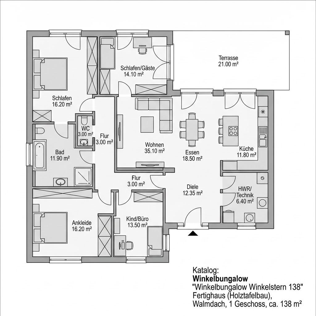 Grundriss Winkelbungalow Winkelstern 138 von ScanHaus Marlow