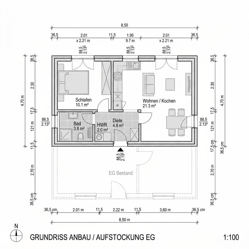 Grundriss FlyingSpace Anbau 40 – 40 m² Anbau / Aufstockung mit 2 Zimmern