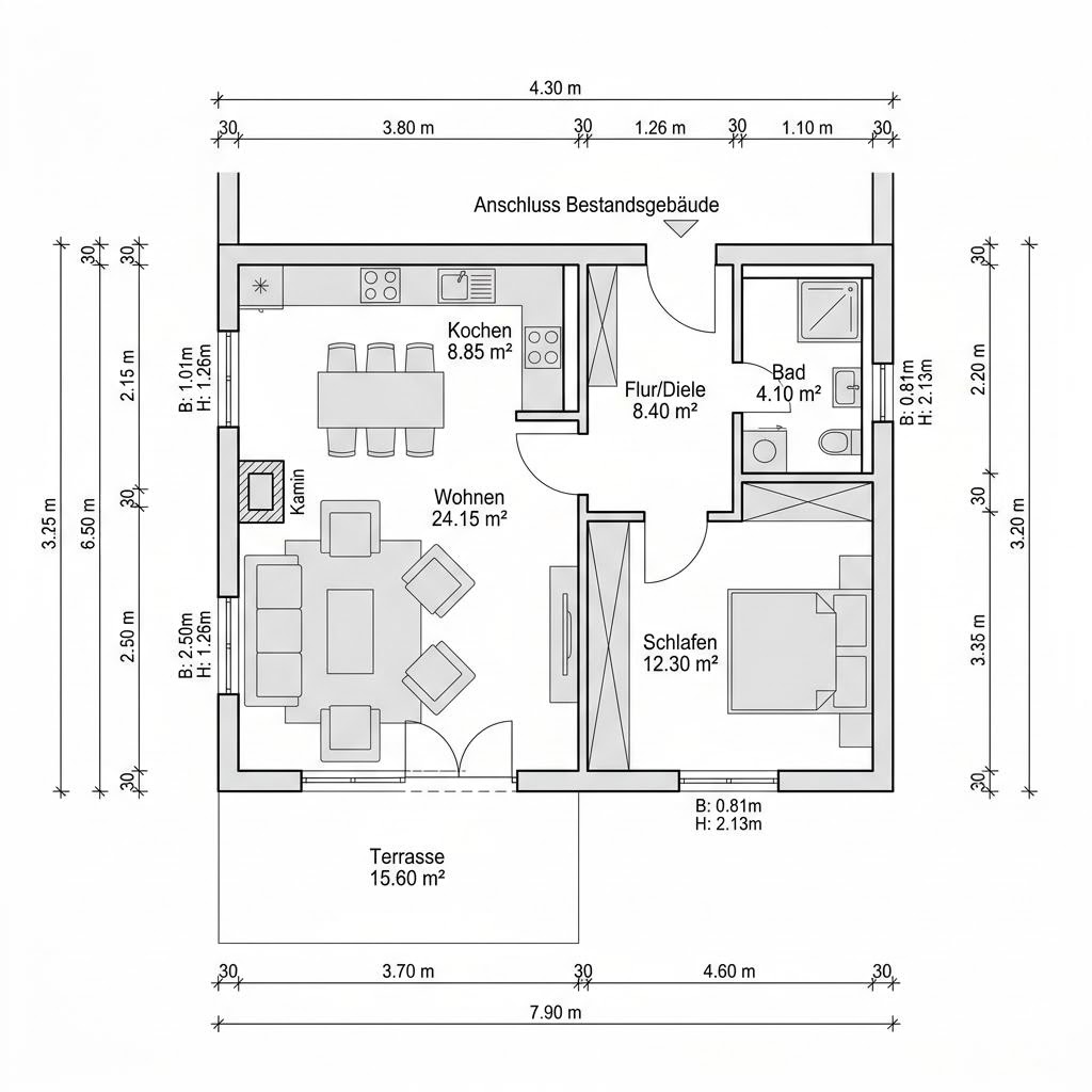 Grundriss FlyingSpace Anbau 56 – 56 m² Anbau / Aufstockung mit 2 Zimmern