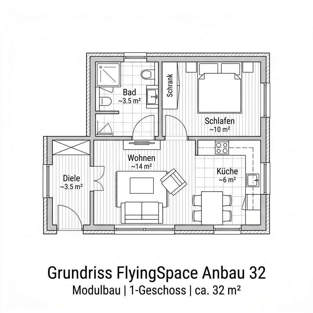 Grundriss FlyingSpace Anbau 32 – 32 m² Anbau / Aufstockung mit 2 Zimmern