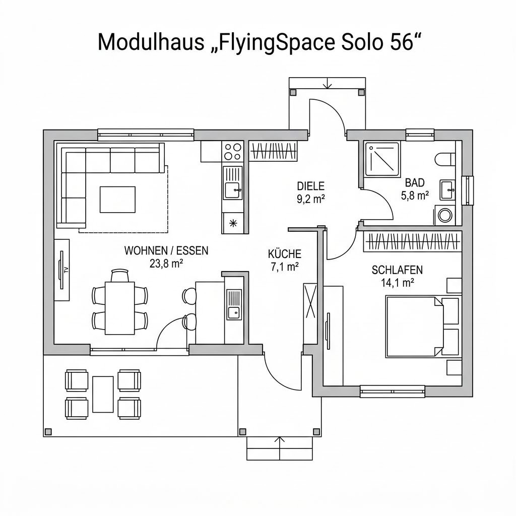 Modulhaus FlyingSpace Solo 56 von SchwörerHaus — werkfertiges Holzmodul mit Flachdach und 56 m²