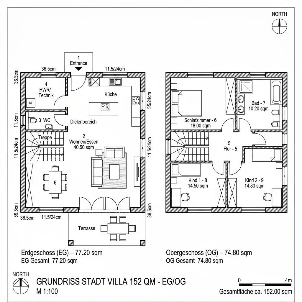 Stadtvilla Planungsbeispiel 152V10 von Bio-Solar-Haus — Holztafelbau mit rund 152 m²