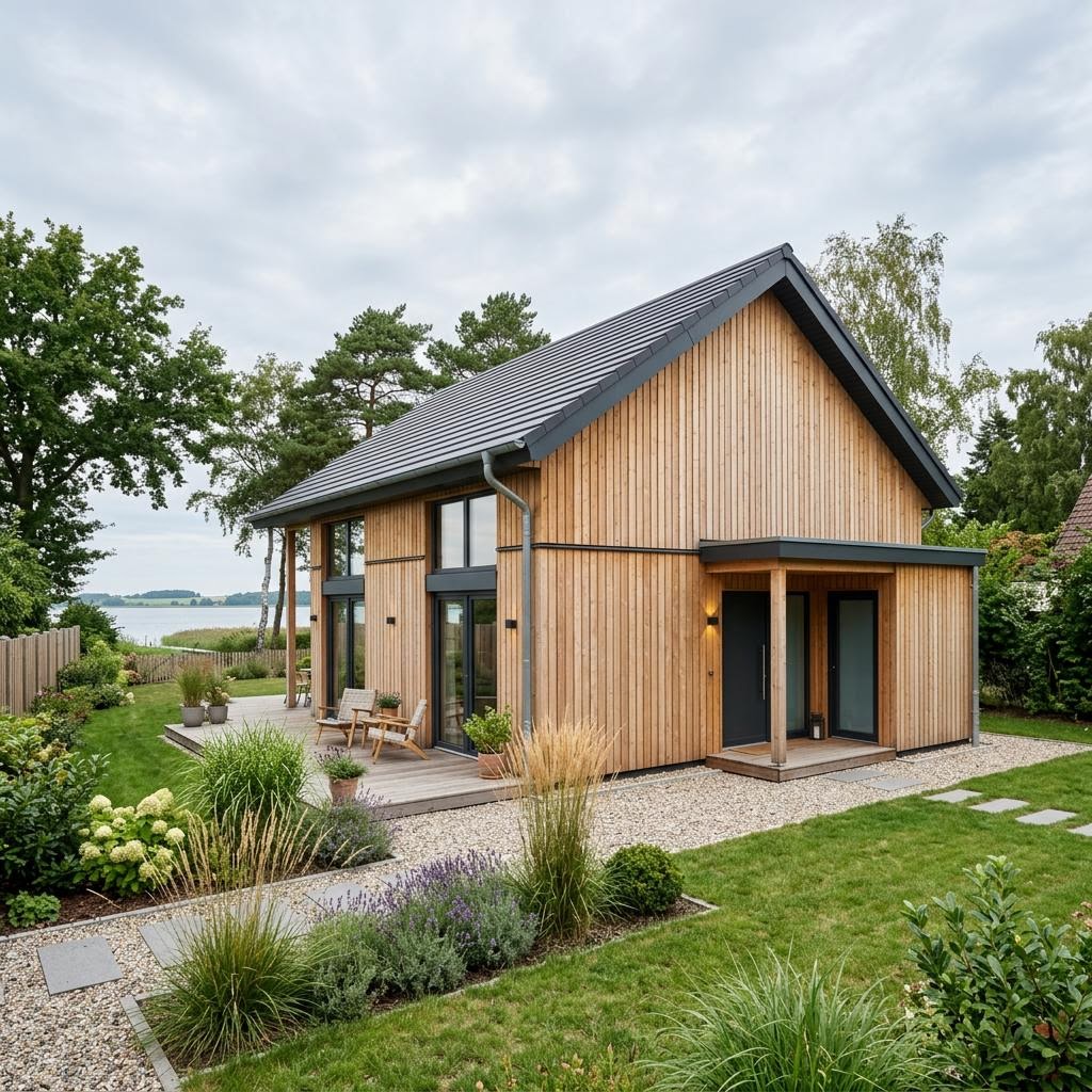 Ferienhaus Boddenblick 76 der Seehaus Manufaktur Mecklenburg mit großen Fenstern und Satteldach