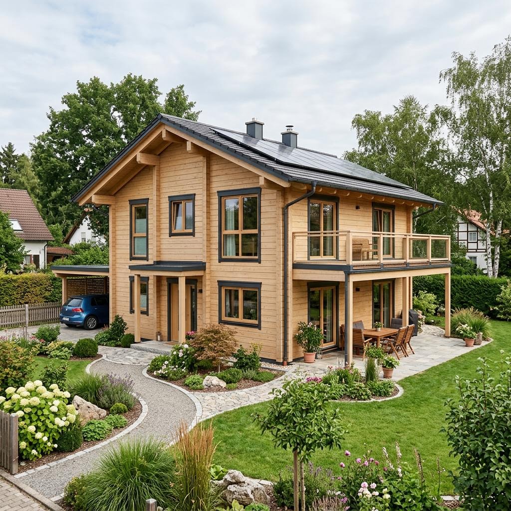 Eiche 160 von Stommel Haus Massivholz-Blockhaus Eiche 160 von Stommel Haus für große Familien mit Satteldach