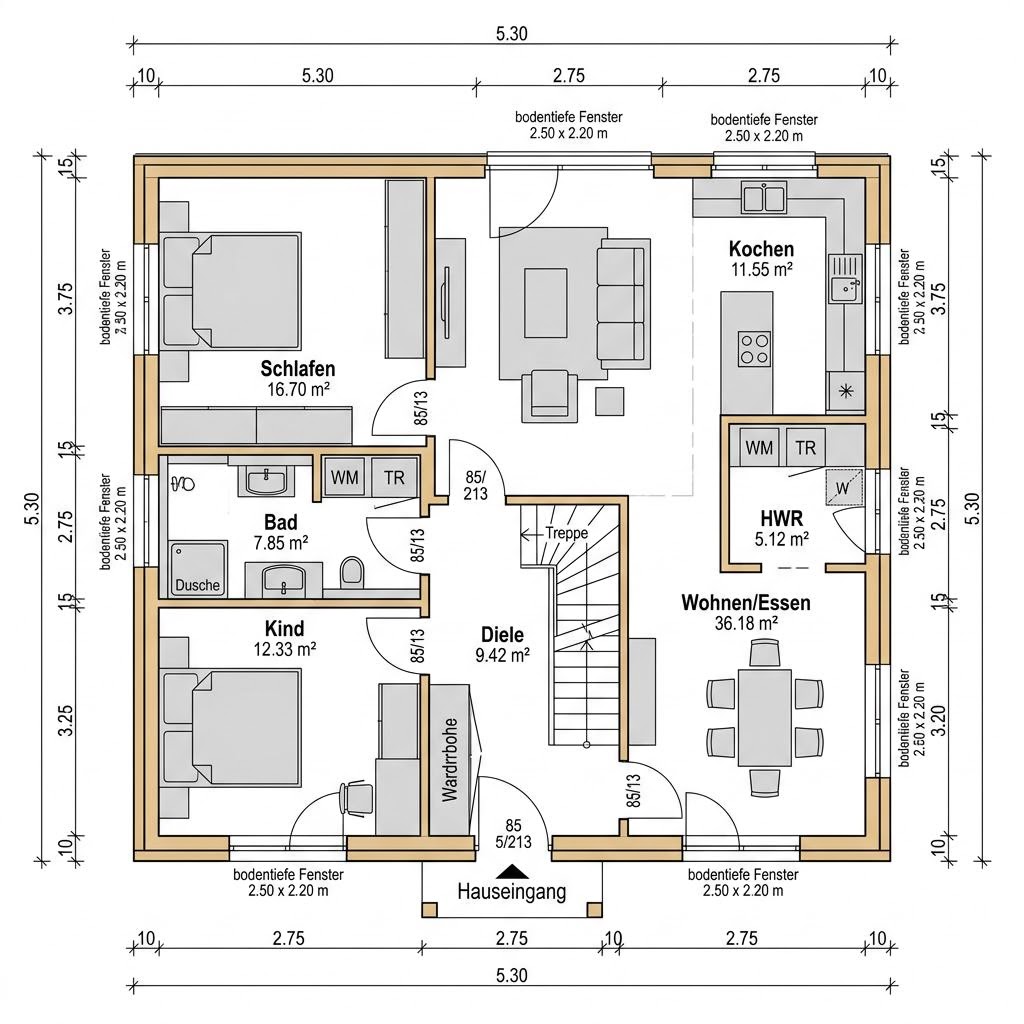 Holzhaus Familienhaus Varberg 164 von Stommel Haus — Massivholzhaus mit Satteldach und 164 m²