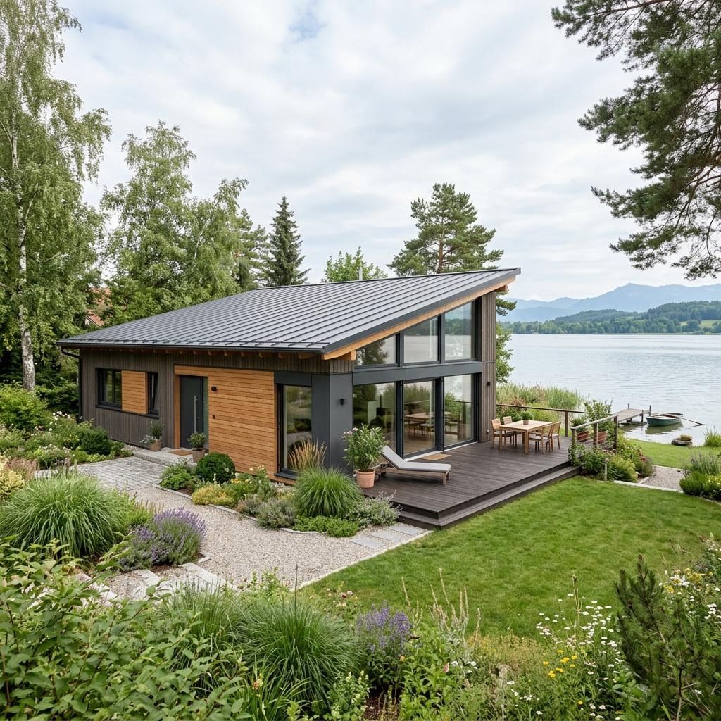 Lakeside 98 von Stommel Haus Ferienhaus Lakeside 98 von Stommel Haus als Massivholzhaus mit umlaufender Veranda und Pultdach