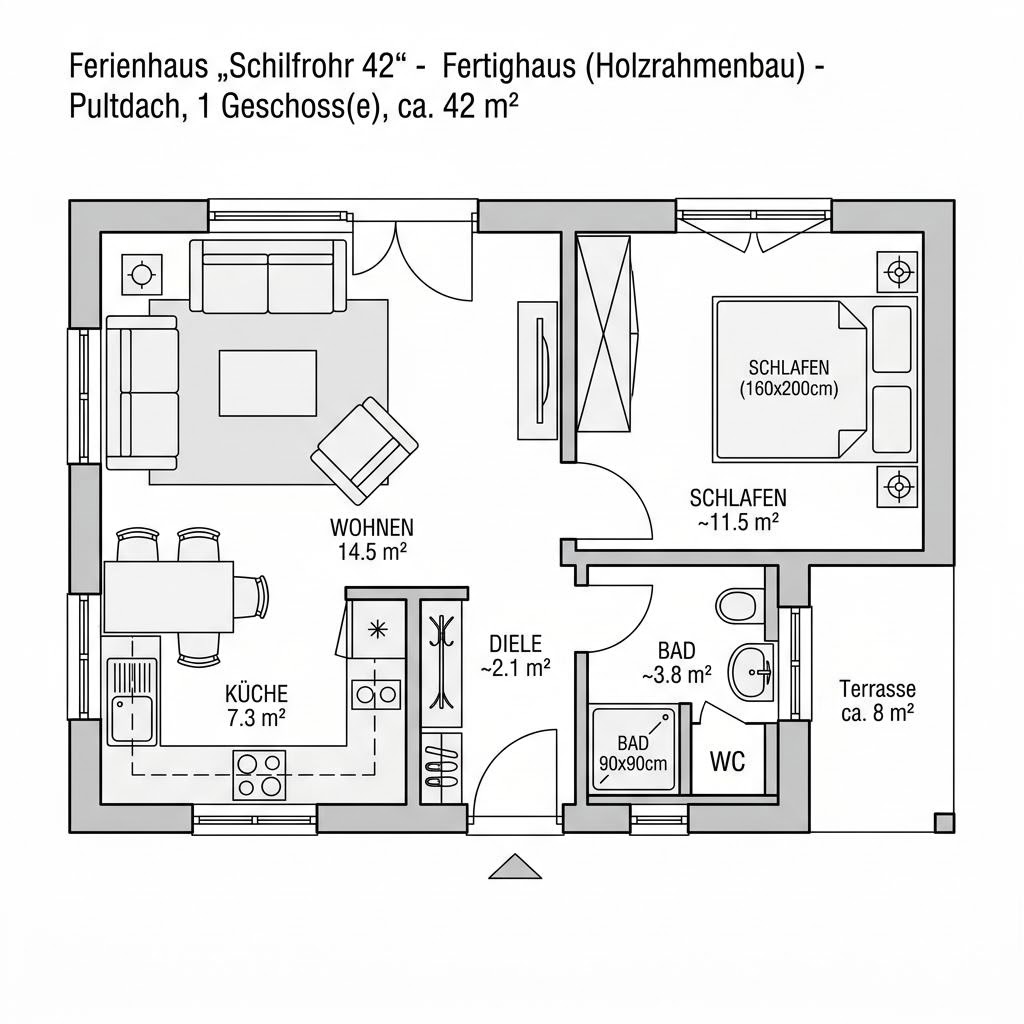 Ferienhaus Schilfrohr 42 der Seehaus Manufaktur Mecklenburg mit vergrauter Holzfassade und Pultdach