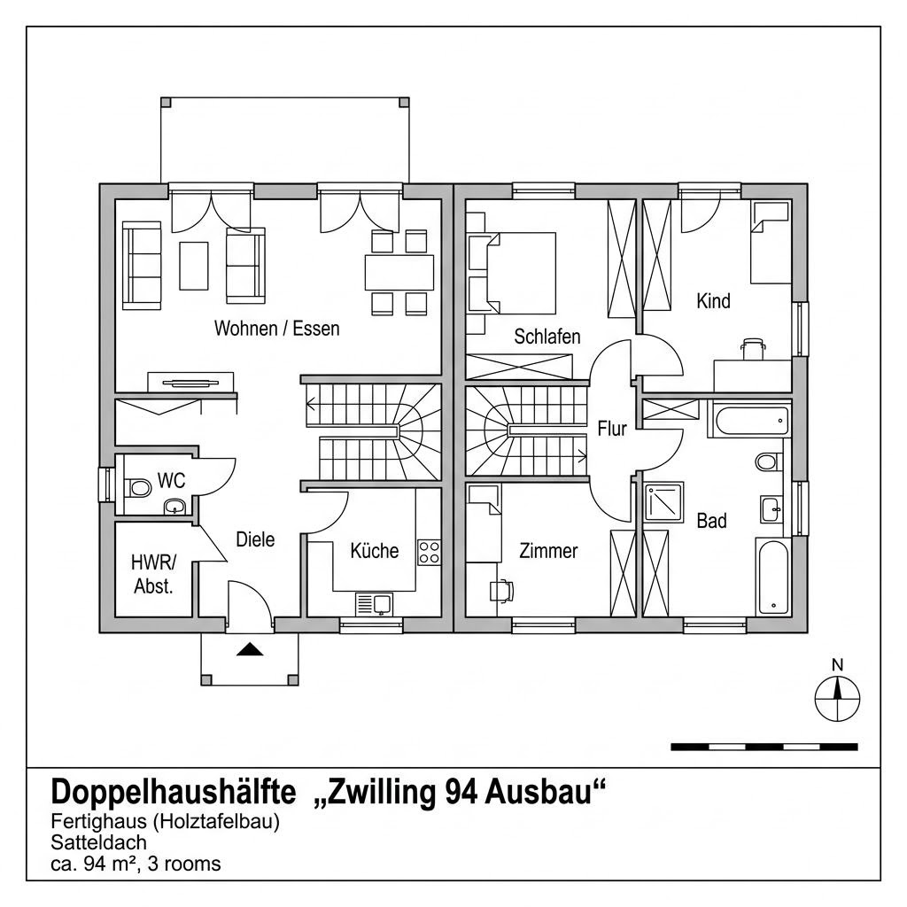 Grundriss Zwilling 94 Ausbau von STREIF Haus — 94 m², 3 Zimmer