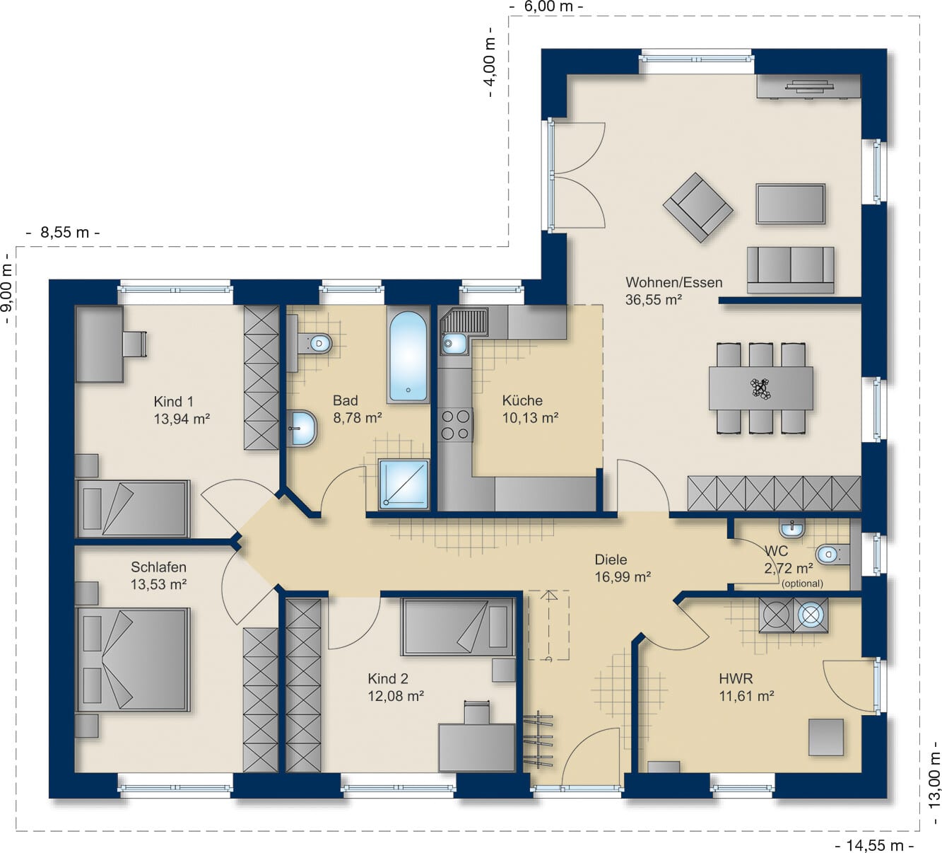 Winkelbungalow 125 von Team Massivhaus — Original-Grundriss des Herstellers, Außenansicht schematisch