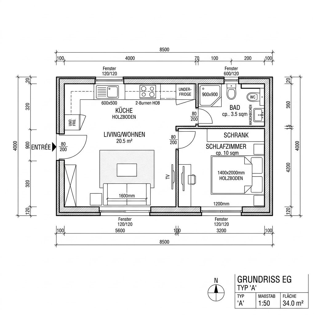 Tiny House Tiny House Aspen 34 von Greenville — Fertighaus im Holzrahmenbau mit rund 34 m²