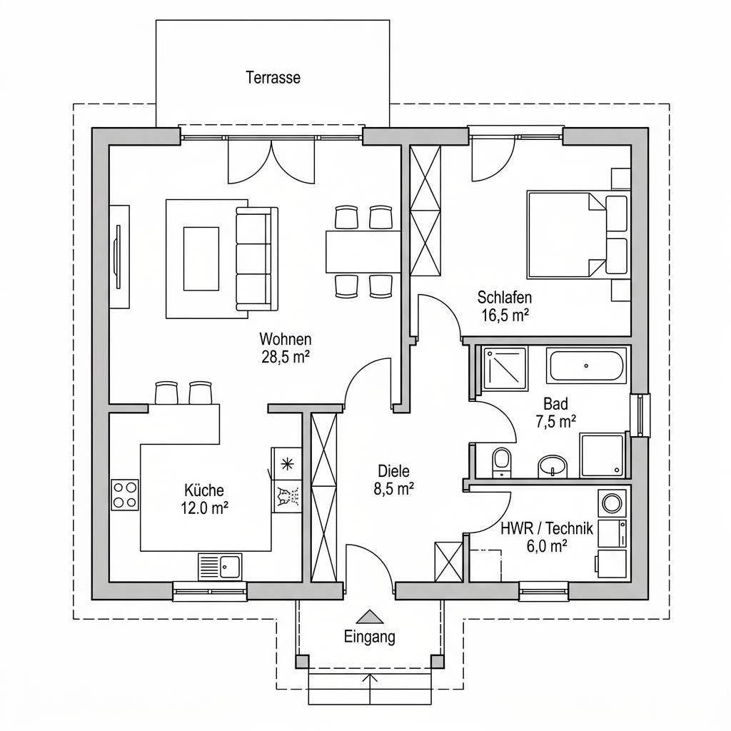 Grundriss Bungalow Kompakt 88 – 88 m² Bungalow mit 2 Zimmern