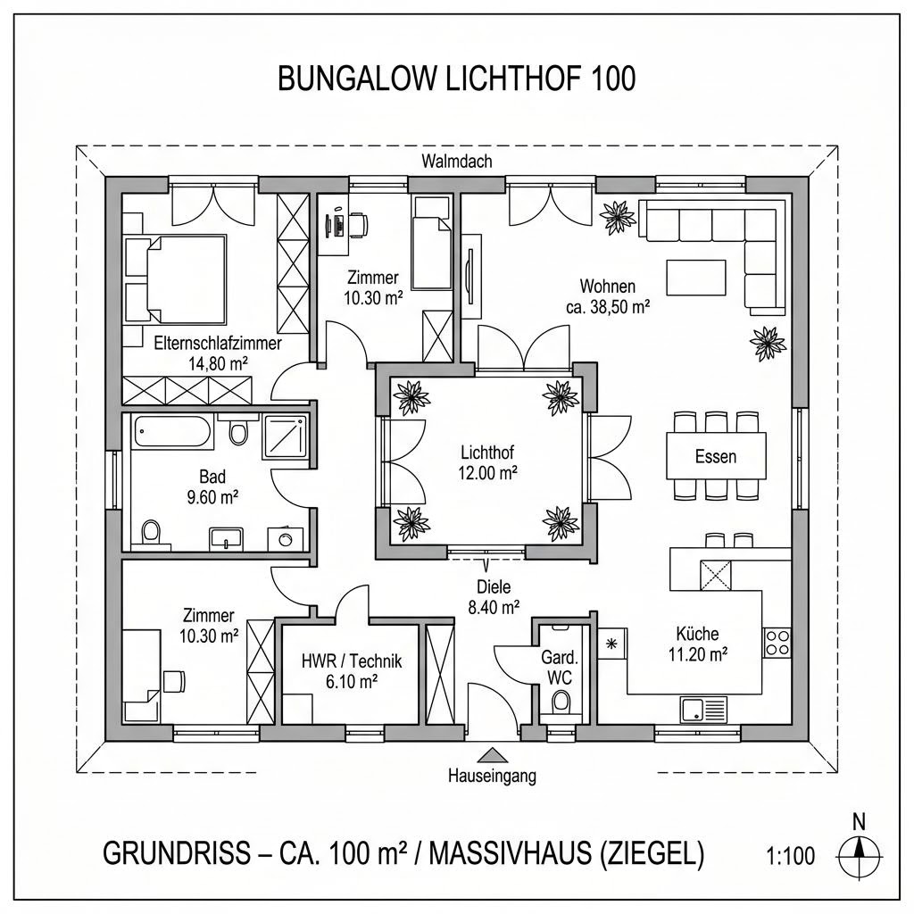 Grundriss Bungalow Lichthof 100 – 100 m² Bungalow mit 3 Zimmern