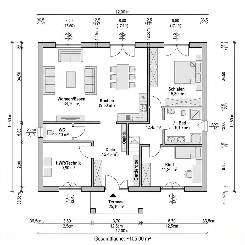 Grundriss Bungalow Sattel 105 – 105 m² Bungalow mit 3 Zimmern