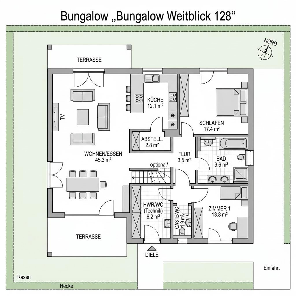 Grundriss Bungalow Weitblick 128 von Town & Country Haus Deutschland — 128 m², 4 Zimmer
