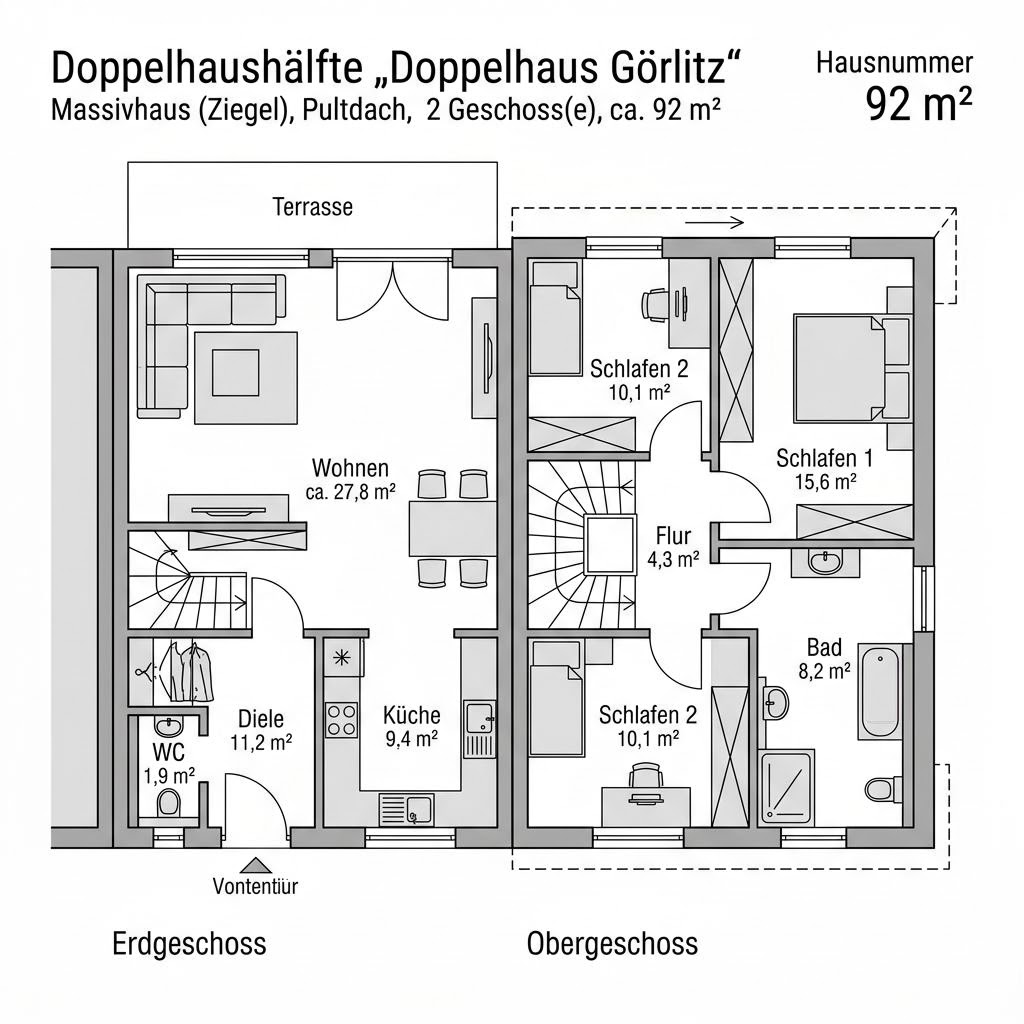 Grundriss Doppelhaus Görlitz von Town & Country Haus Deutschland — 92 m², 3 Zimmer