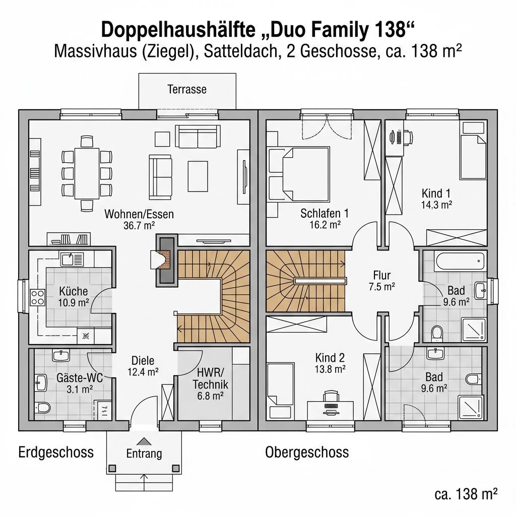 Grundriss Duo Family 138 von Town & Country Haus Deutschland — 138 m², 5 Zimmer