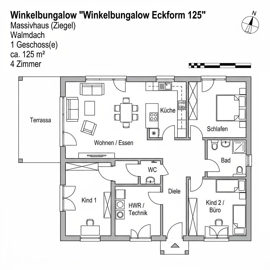 Grundriss Winkelbungalow Eckform 125 von Town & Country Haus Deutschland — 125 m², 4 Zimmer