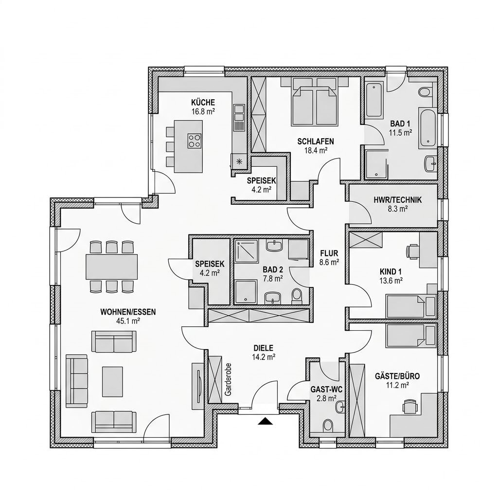 Grundriss Winkelbungalow Familienwinkel 150 von Town & Country Haus Deutschland — 150 m², 5 Zimmer