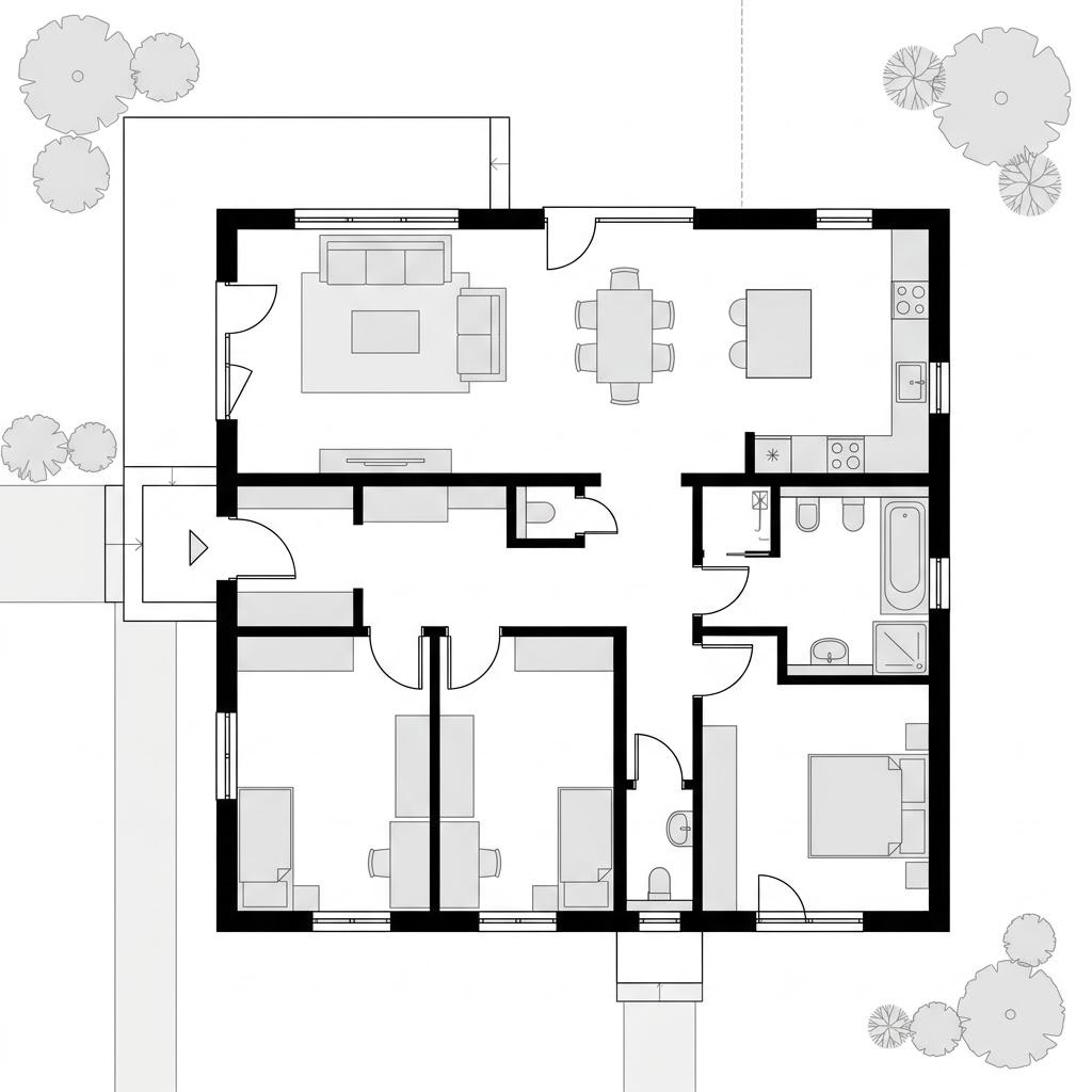 Grundriss Winkelbungalow Sonnenwinkel 142 von town-und-country — 142 m², 4 Zimmer