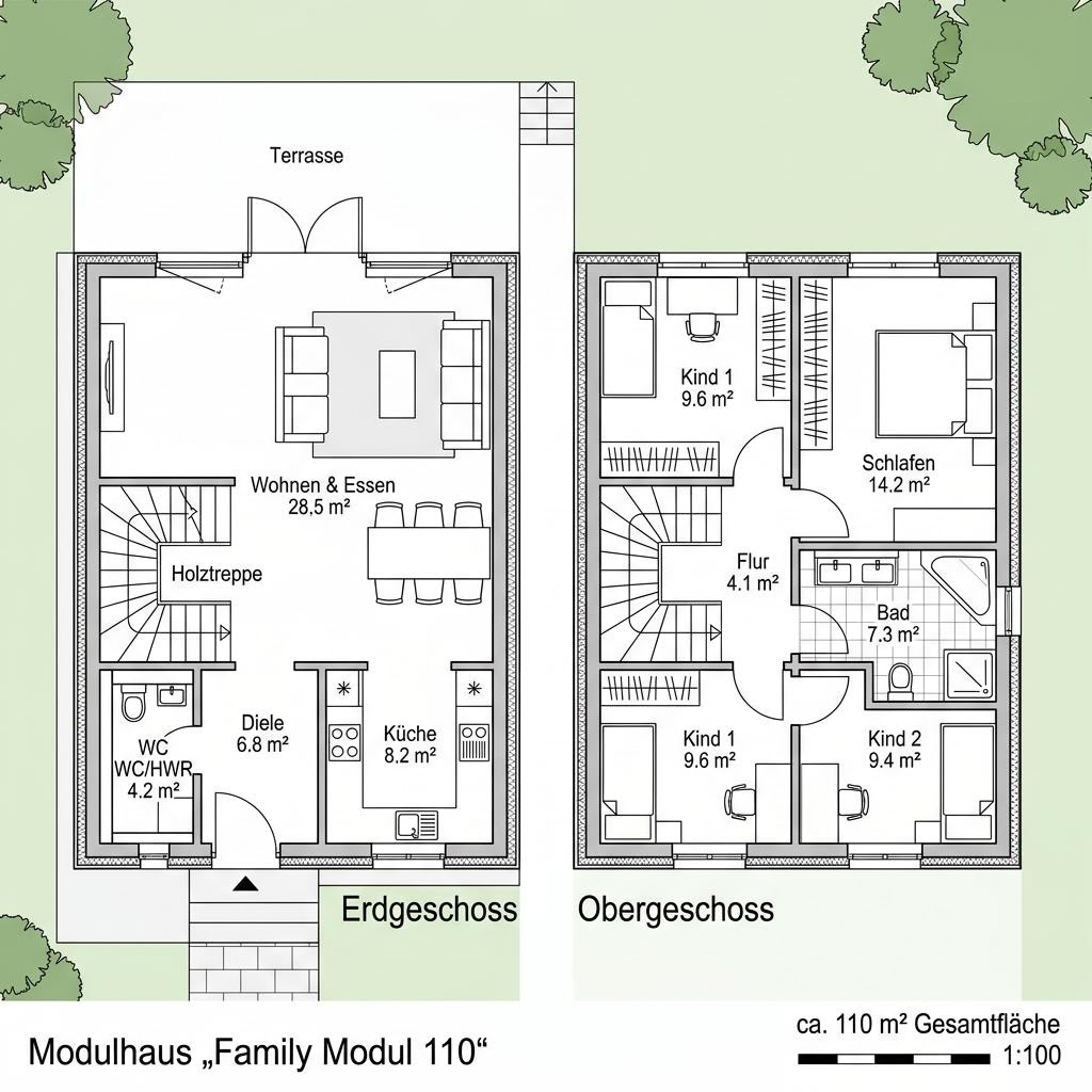 Modulhaus Family Modul 110 von Vario-Haus — zweigeschossiges Holzmodulhaus mit Satteldach und 110 m²
