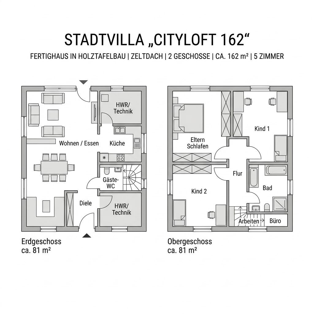 Stadtvilla CityLoft 162 von WeberHaus mit Zeltdach und breiter Fensterfront