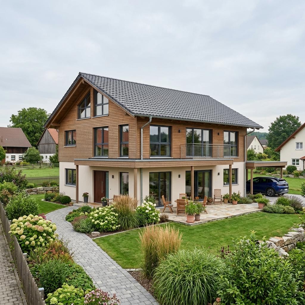 Landhaus Gutshof 148 von WeberHaus als Holz-Fertighaus mit steilem Satteldach