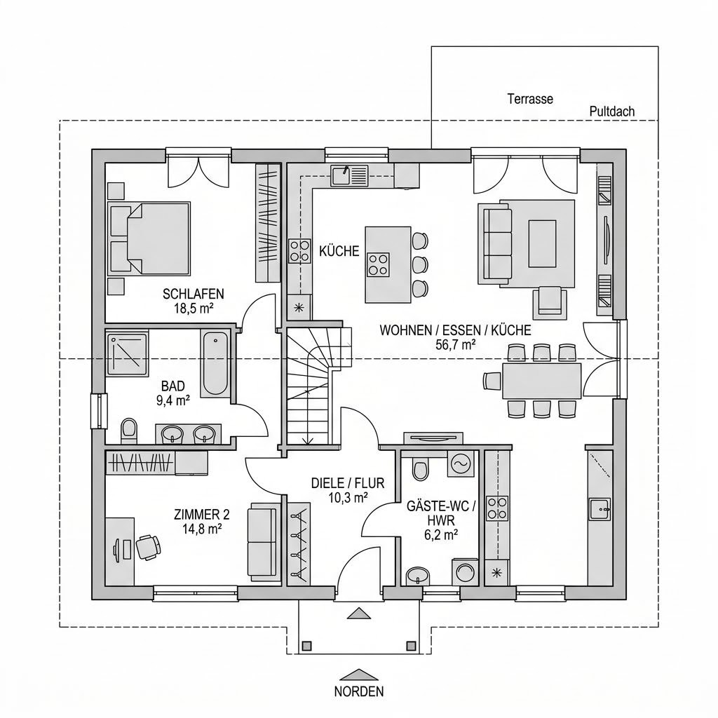 Grundriss Pult Bungalow Solar 118 von WeberHaus — 118 m², 3 Zimmer
