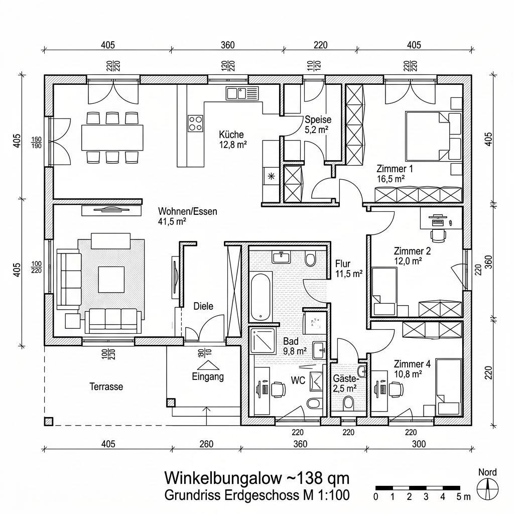 Grundriss Winkelbungalow Buche 138 von Frammelsberger Holzhaus — 138 m², 5 Zimmer