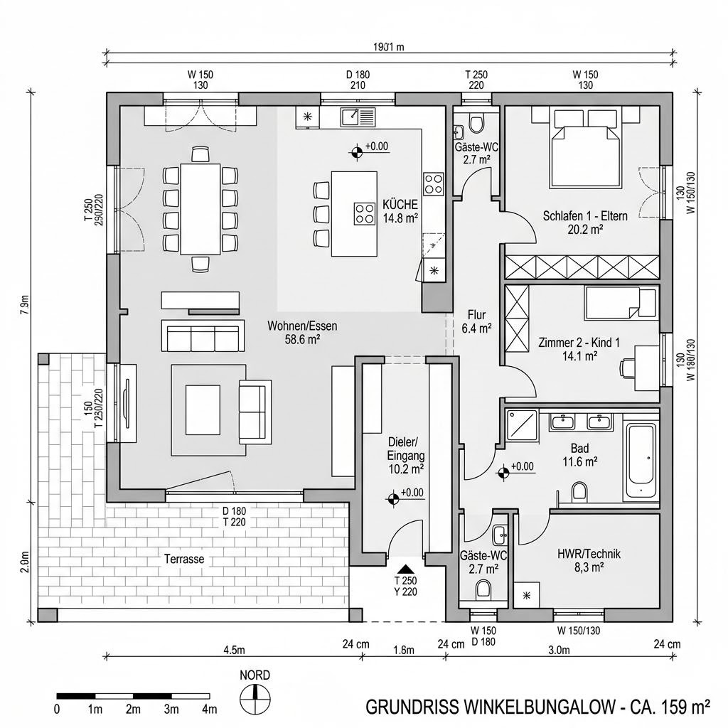 Grundriss Bungalow Purea – 159 m² Winkelbungalow mit 5 Zimmern