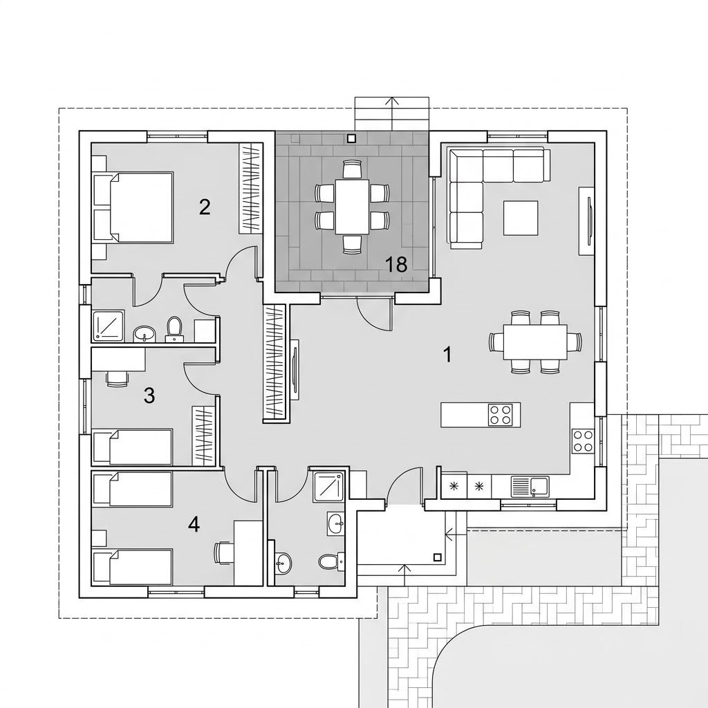 Grundriss Winkelbungalow 108 – 108 m² Winkelbungalow mit 4 Zimmern