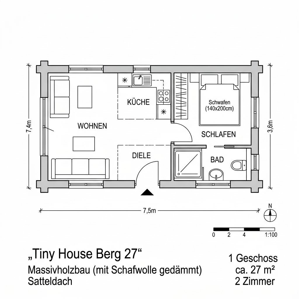 Tiny House Berg 27 von Wohnwagon — winterfestes Massivholz-Minihaus mit Satteldach und 27 m²