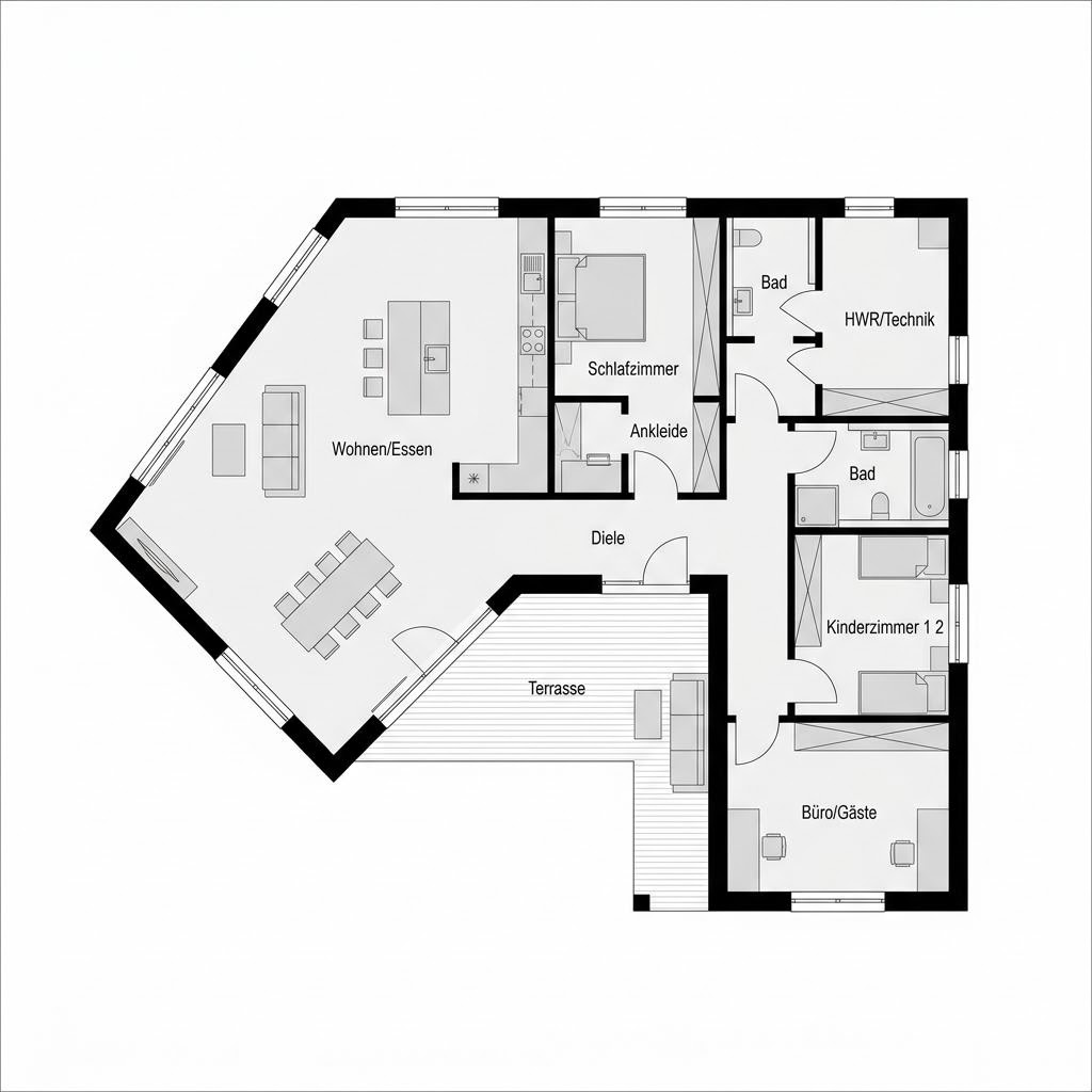 Grundriss Winkelbungalow Gartenwinkel 152 von WOLF-HAUS