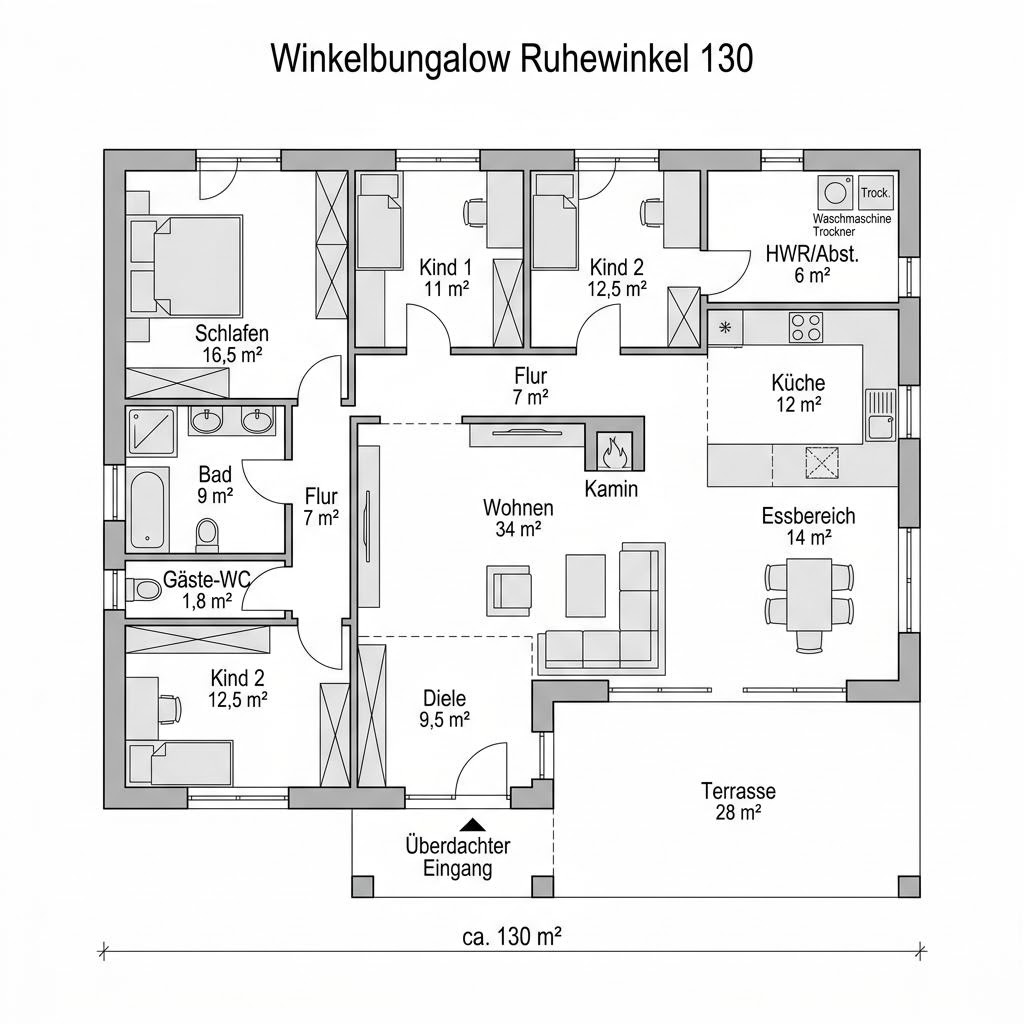 Grundriss Winkelbungalow Ruhewinkel 130 von WOLF-HAUS — 130 m², 4 Zimmer