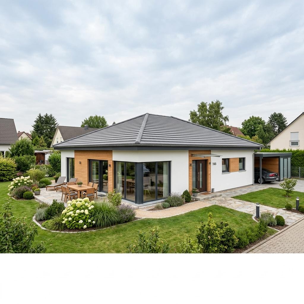 Winkelbungalow Sonnenwinkel 146 von WOLF-HAUS mit Walmdach — energieeffizienter Winkelbungalow mit 146 m²