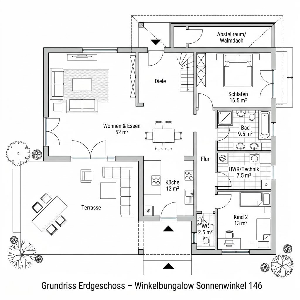 Grundriss Winkelbungalow Sonnenwinkel 146 von WOLF-HAUS — 146 m², 5 Zimmer
